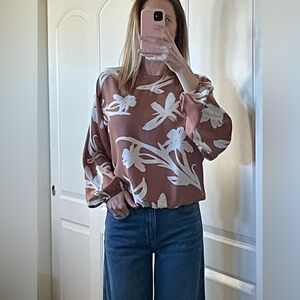 Evereve Rust Brown Floral Blouse with White Print Size Small